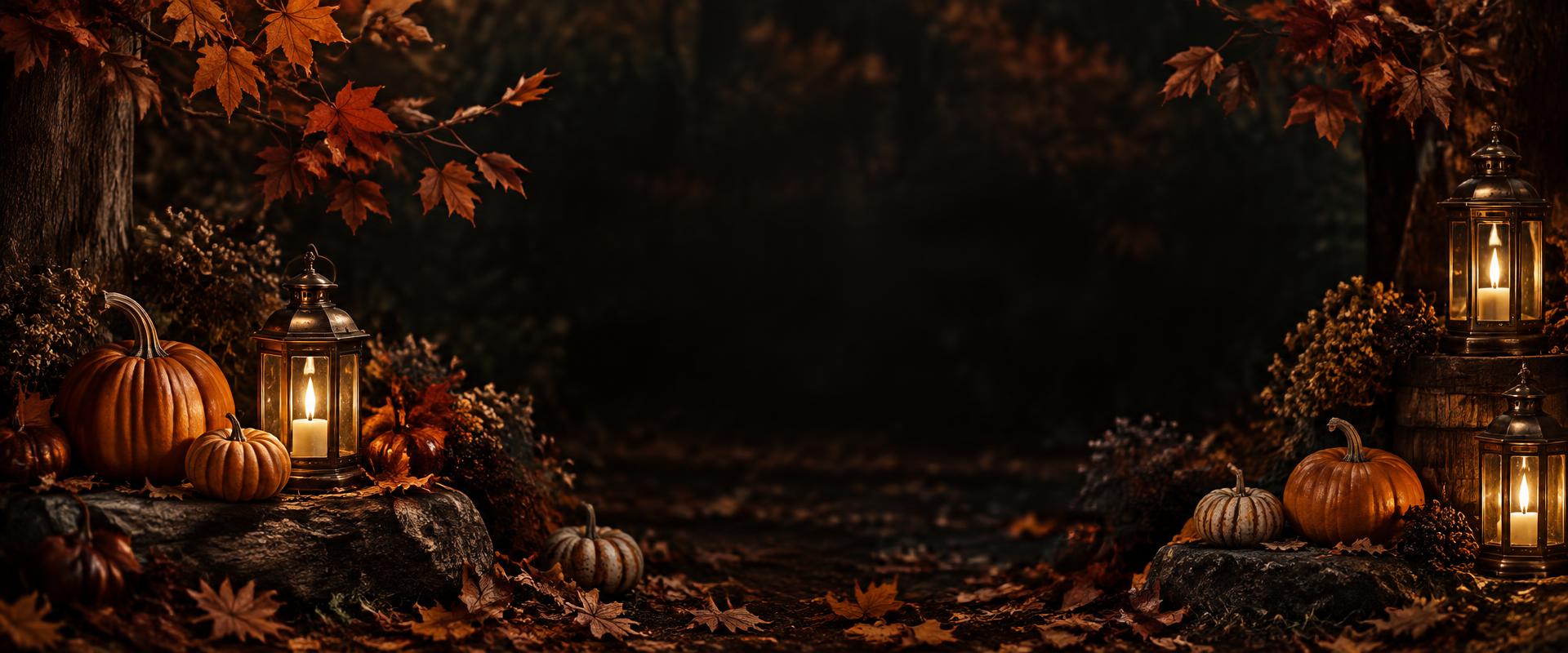 Lanterns and pumpkins in an autumn woodland