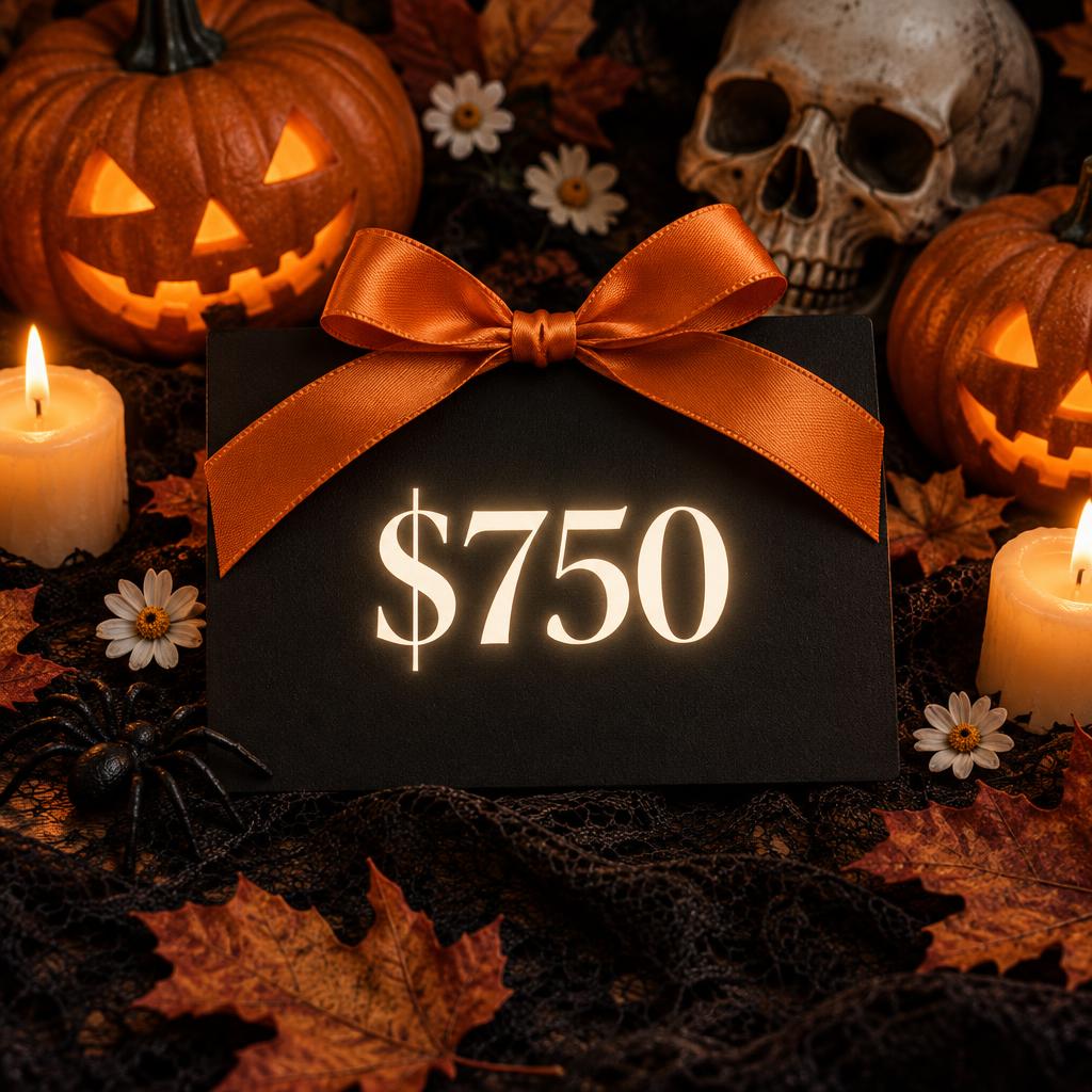 Black SHEIN gift card with a glowing $750 and an orange ribbon among pumpkins, candles and spider webs