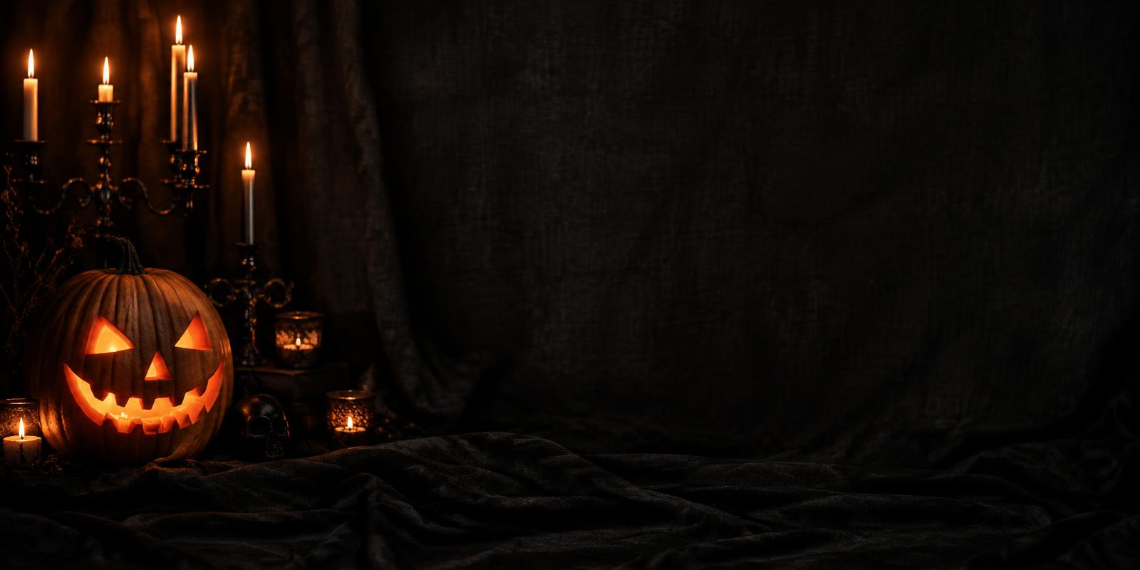 Glowing carved pumpkin and candles against dark draped fabric